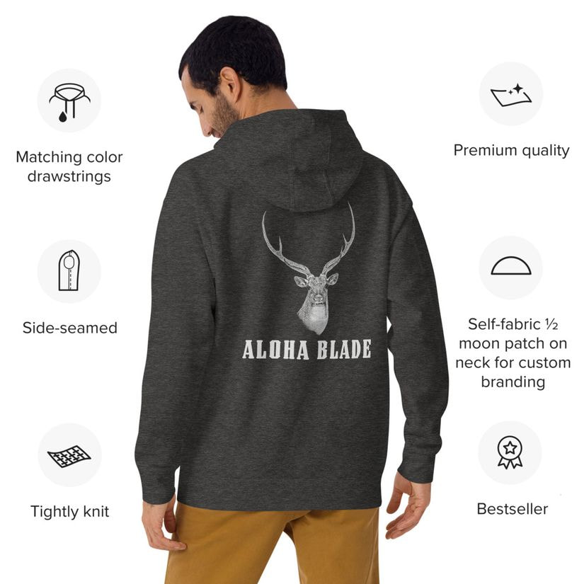 Aloha Blade charcoal gray hoodie with white deer logo